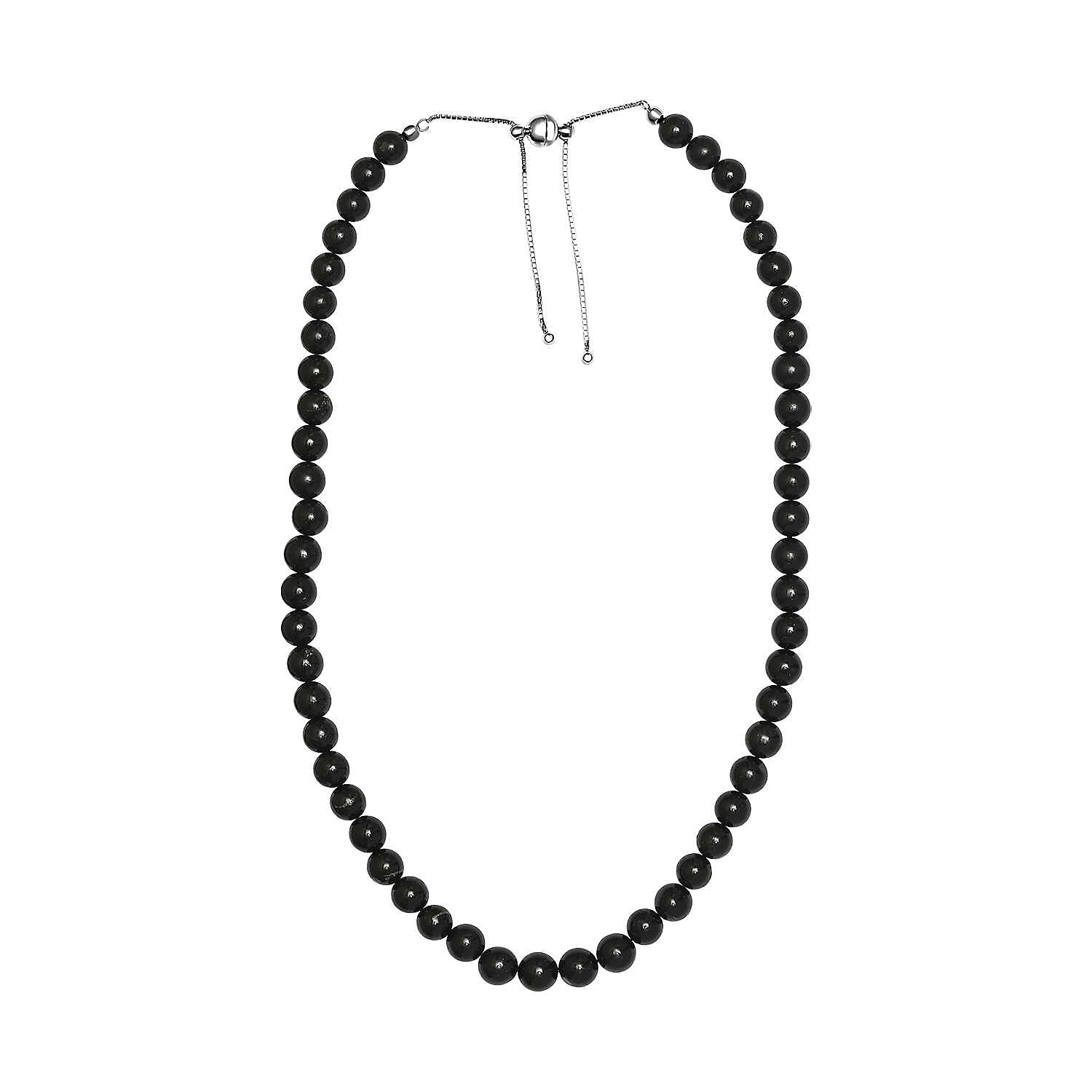 Shungite Beaded Necklace 20-24 Inches with Slider Magnetic Lock in Rhodium Over Sterling Silver 250.00 ctw