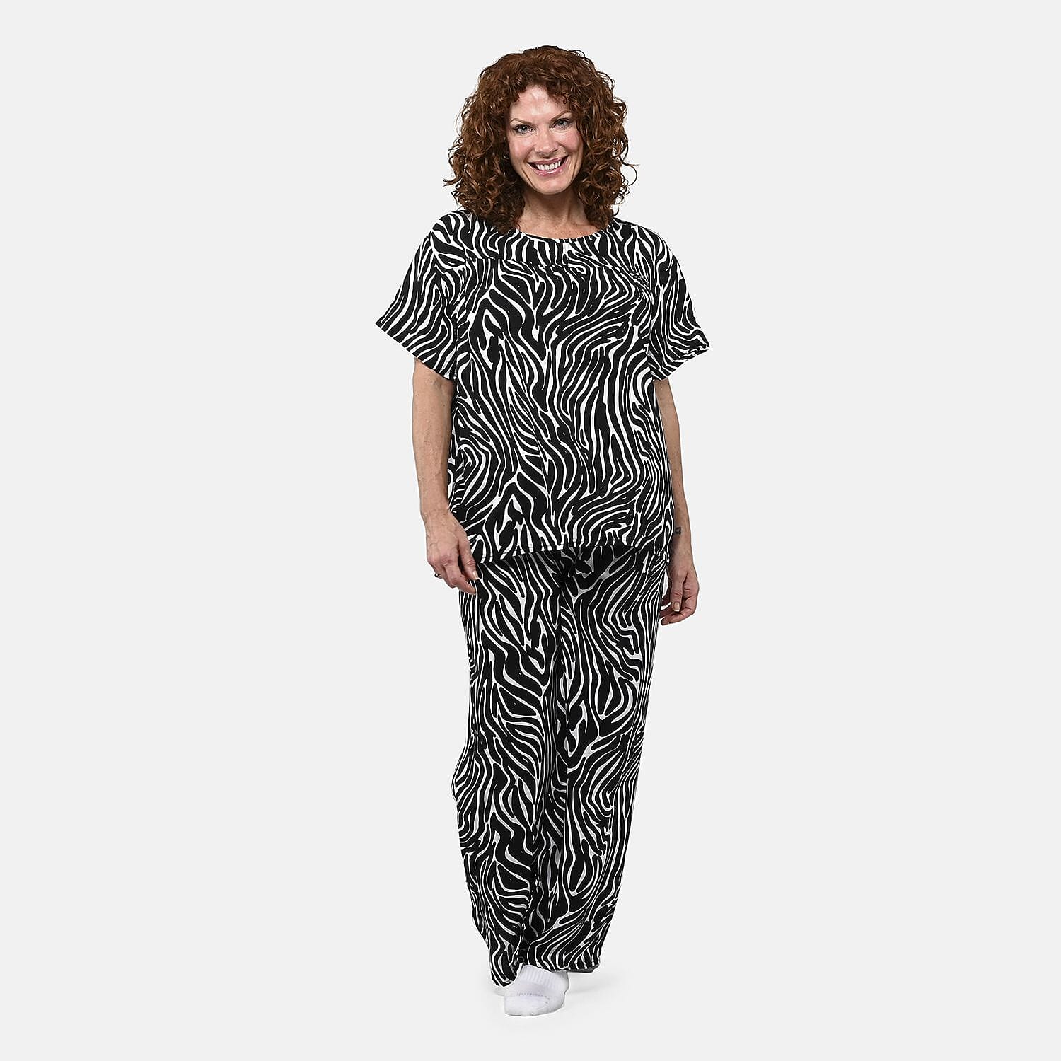TLV Tamsy Black Zebra 2 Piece Printed Pajama Set with Wide Leg Pants - One Size Fits Most