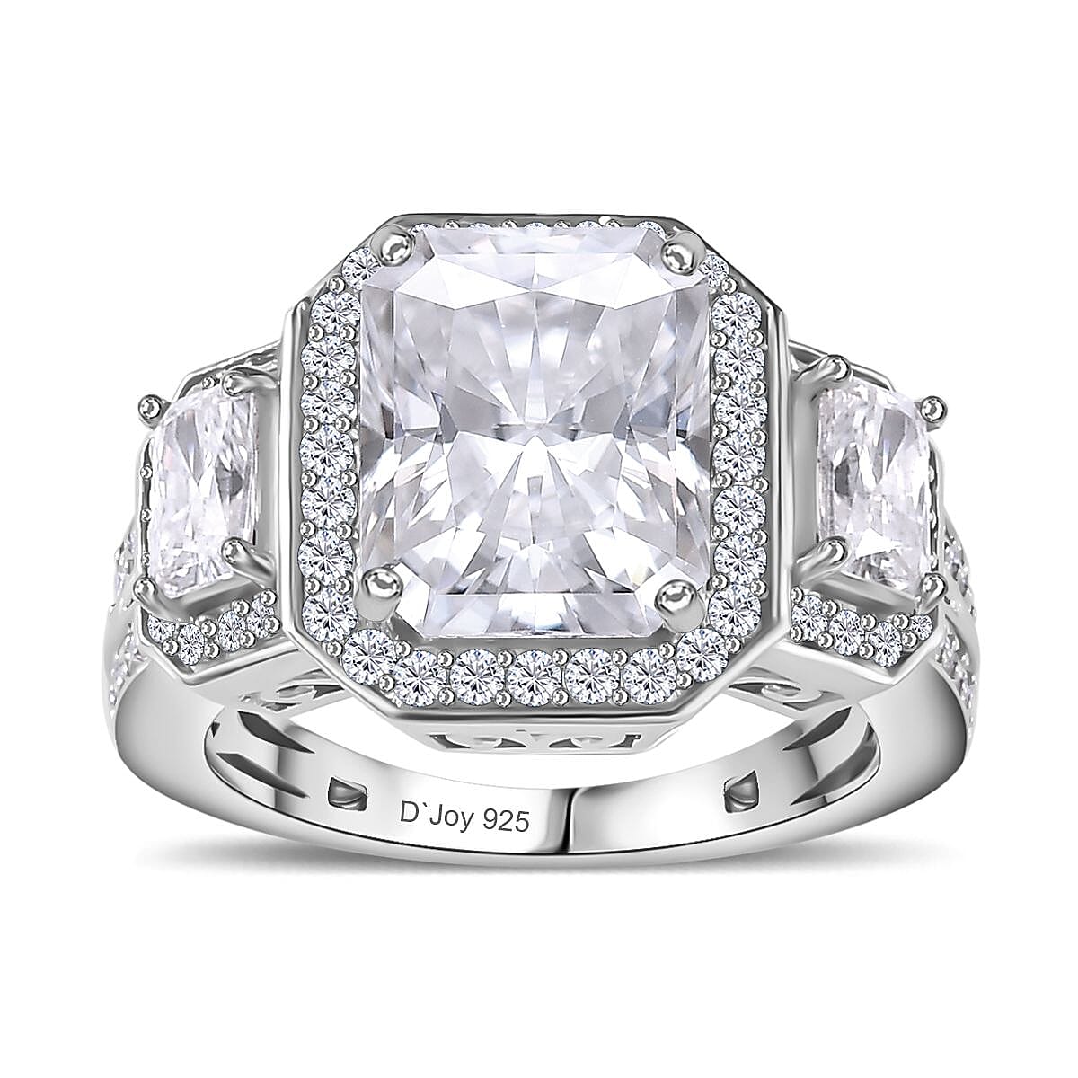 Moissanite (Oct 10x8mm) Halo Ring in Platinum Over Sterling Silver (Size 10.0) 5.10 ctw