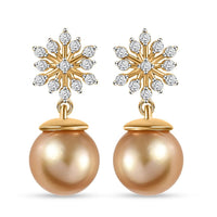 South Sea Golden Pearl 9-10mm and Moissanite Dangling Earrings in Vermeil Yellow Gold Over Sterling Silver 0.50 ctw