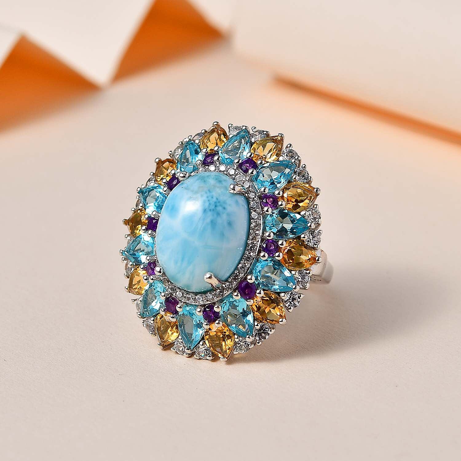 Premium Larimar and Multi Gemstone Cocktail Ring in Platinum Over Ster