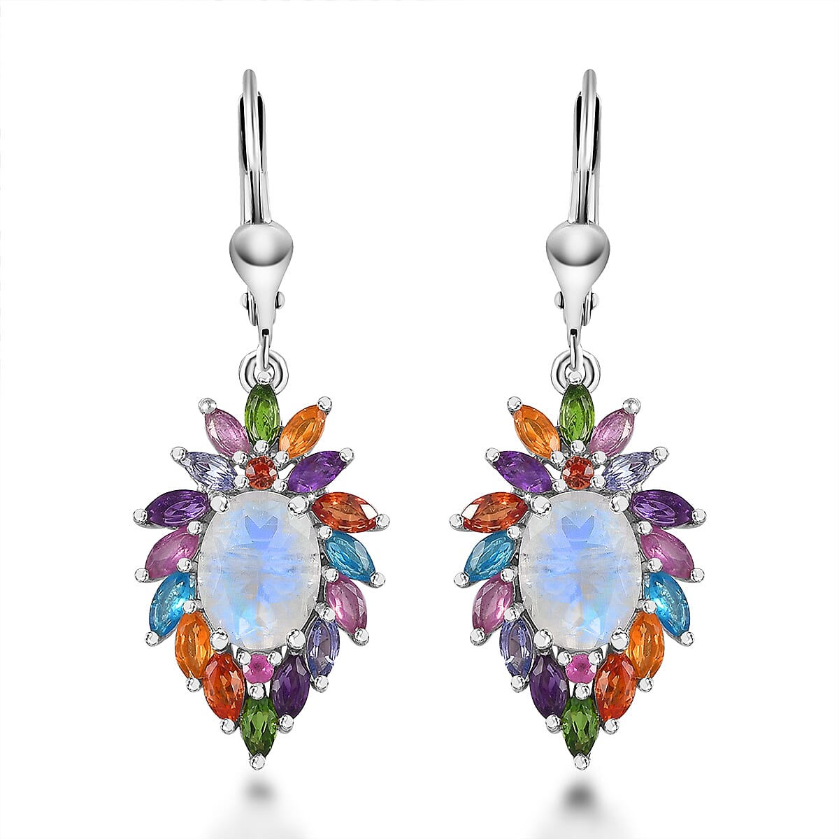 Premium Rainbow Moonstone and Multi Gemstone Earrings in Platinum Over Sterling Silver 7.10 ctw