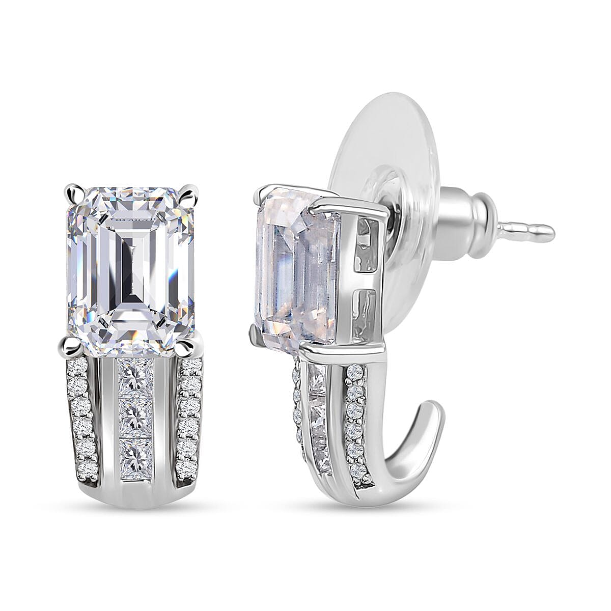 TLV Moissanite (Oct 8x6mm) Bridge J- Hoop Earrings in Platinum Over Sterling Silver 3.65 ctw