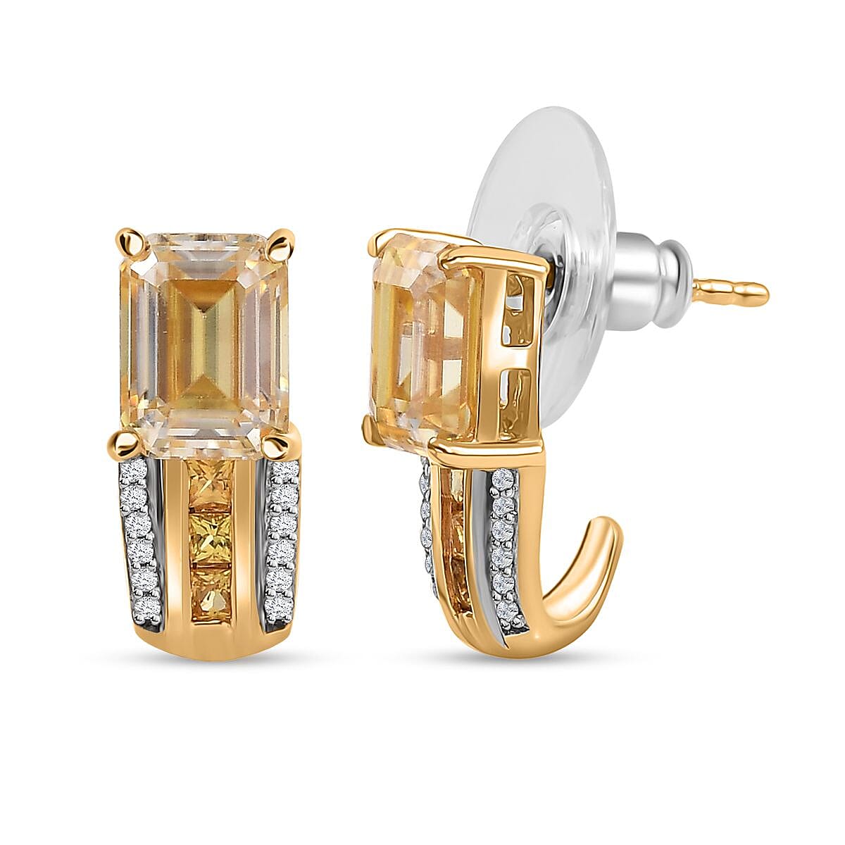 Yellow Moissanite and Multi Gemstone Bridge J Hoop Earrings in Vermeil Yellow Gold Over Sterling Silver 3.90 ctw