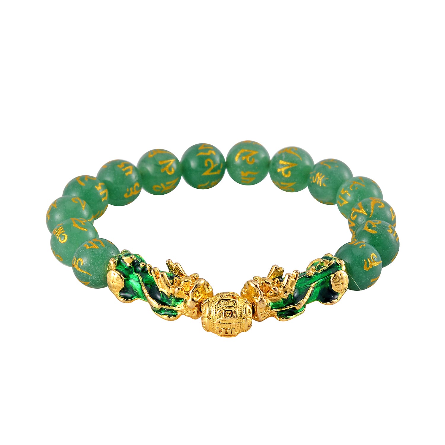 Feng Shui Green Aventurine Beaded Pixiu Stretch Bracelet in Goldtone 81.00 ctw