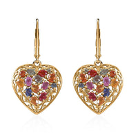 Rainbow Sapphire, Blue and Pink Sapphire Heart Earrings in Vermeil Yellow Gold Over Sterling Silver 5.10 ctw