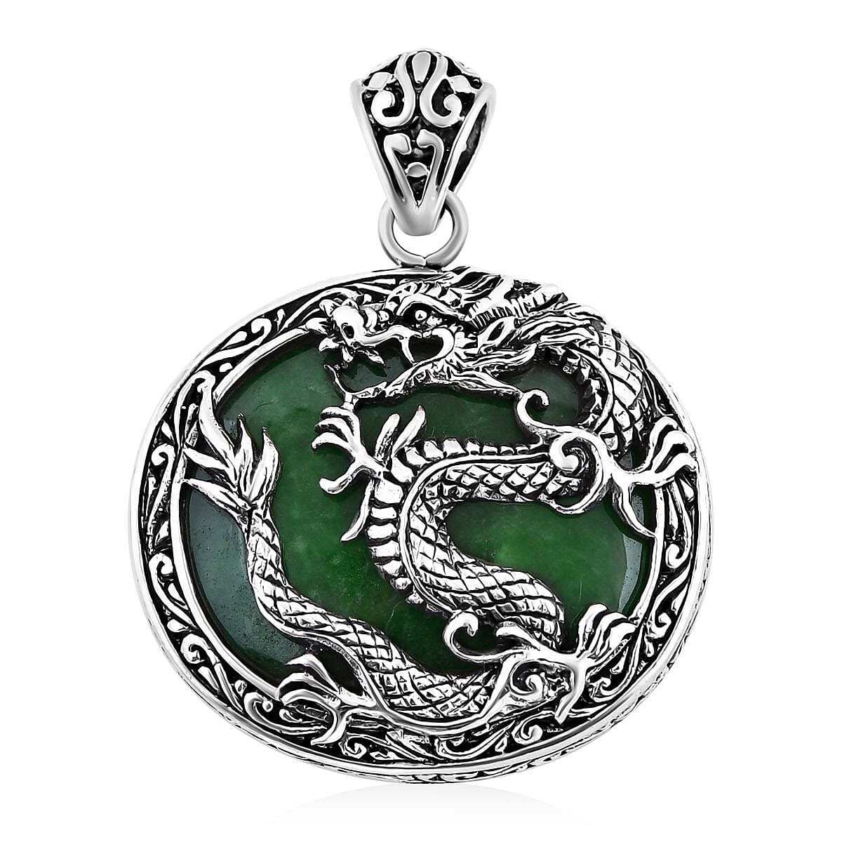 One Time Only Bali Legacy Green Jade Dragon Pendant in Sterling Silver 55.00 ctw