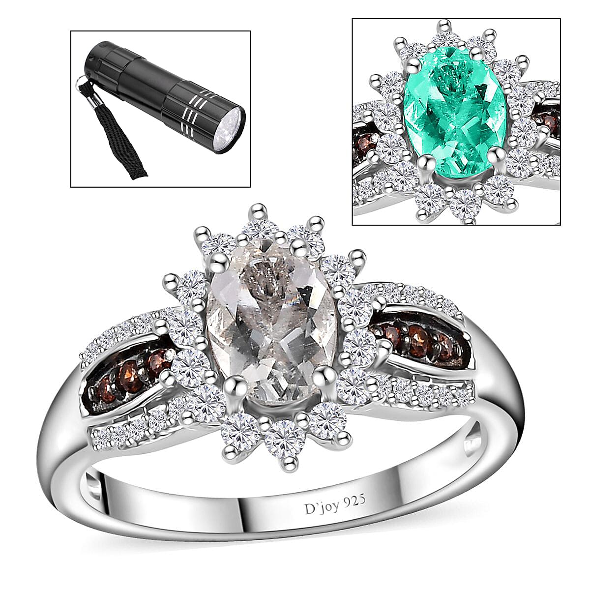 Mexican Hyalite Opal, Brown and White Zircon Sunburst Ring in Platinum Over Sterling Silver (Size 7.0) with Free UV Flash Light 1.10 ctw
