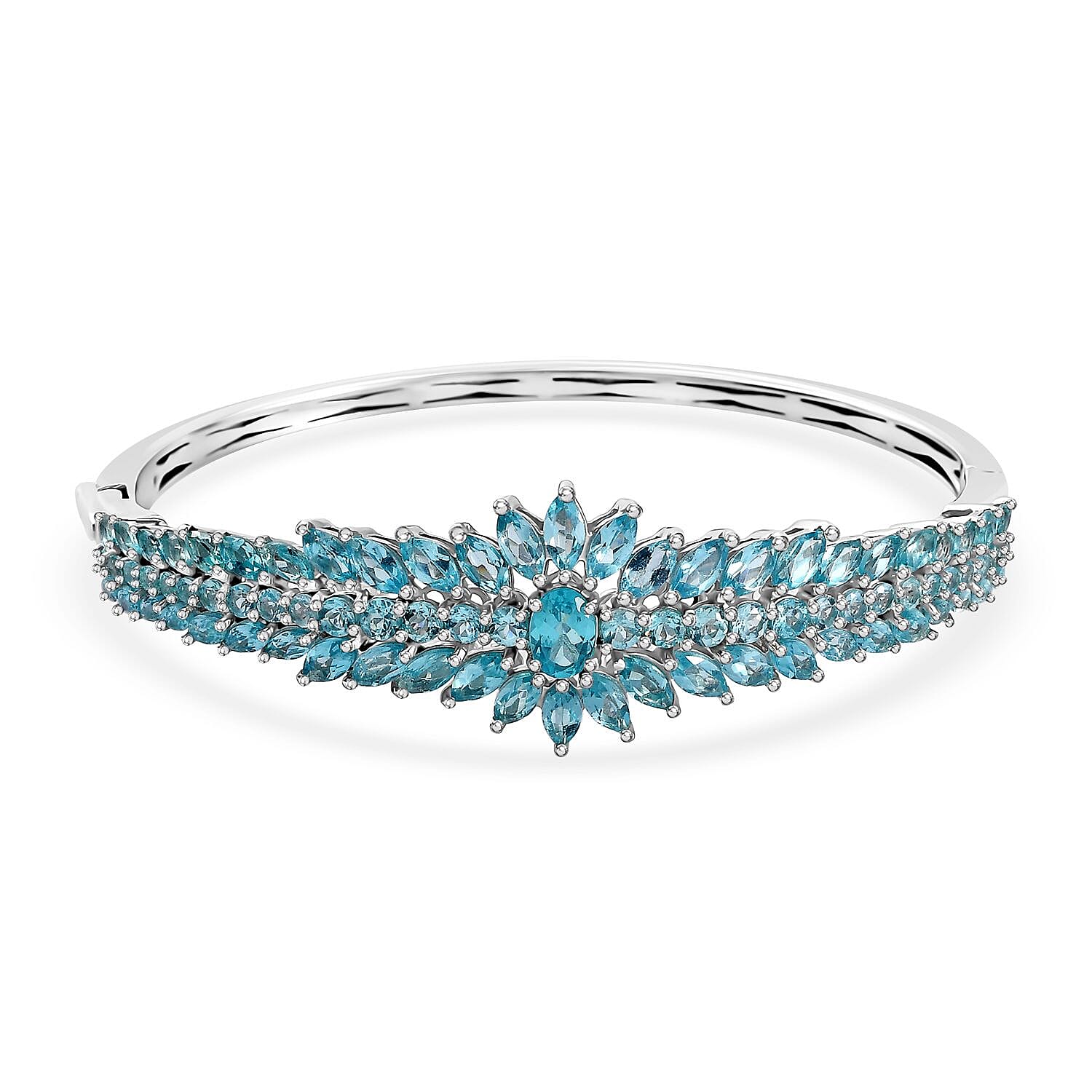 TLV Madagascar Paraiba Apatite Floral Spray Bangle Bracelet in Platinum Over Sterling Silver (7.25 In) 11.85 ctw