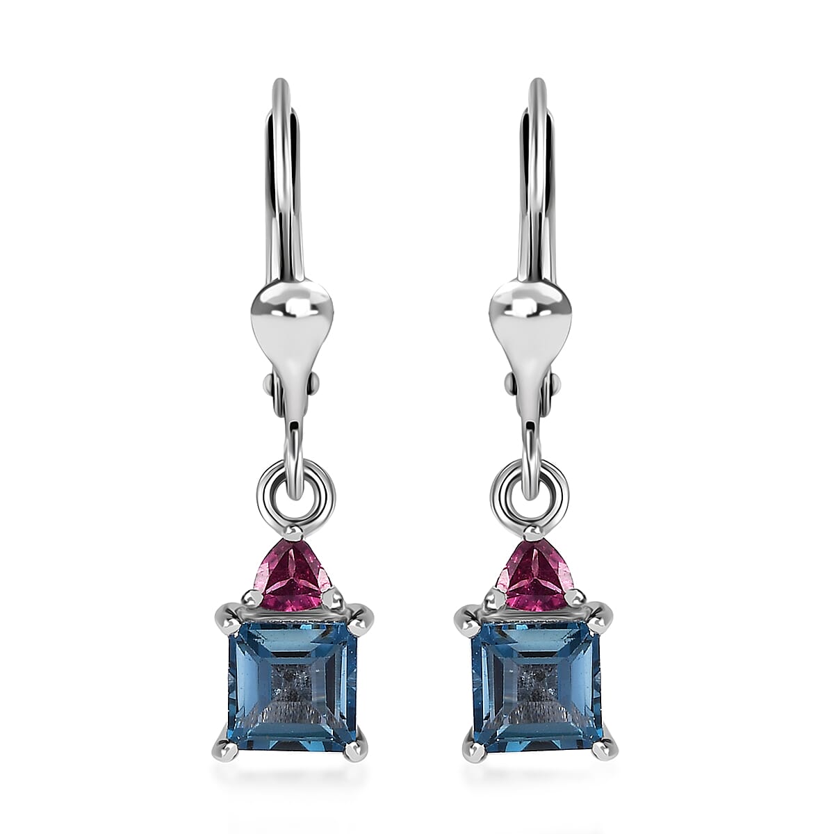 London Blue Topaz and Orissa Rhodolite Garnet Lever Back Earrings in Platinum Over Sterling Silver 1.85 ctw