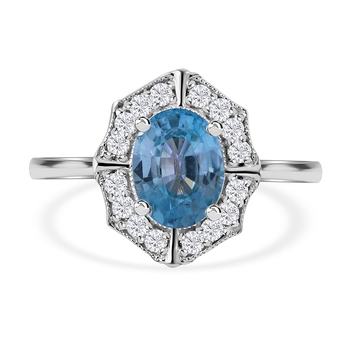 Cambodian Blue Zircon, White Zircon Ring in Rhodium Over Sterling Silver (Size 6.5) 2.30 ctw