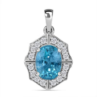Blue Zircon and White Zircon 2.40 ctw Pendant in Rhodium Over Sterling Silver