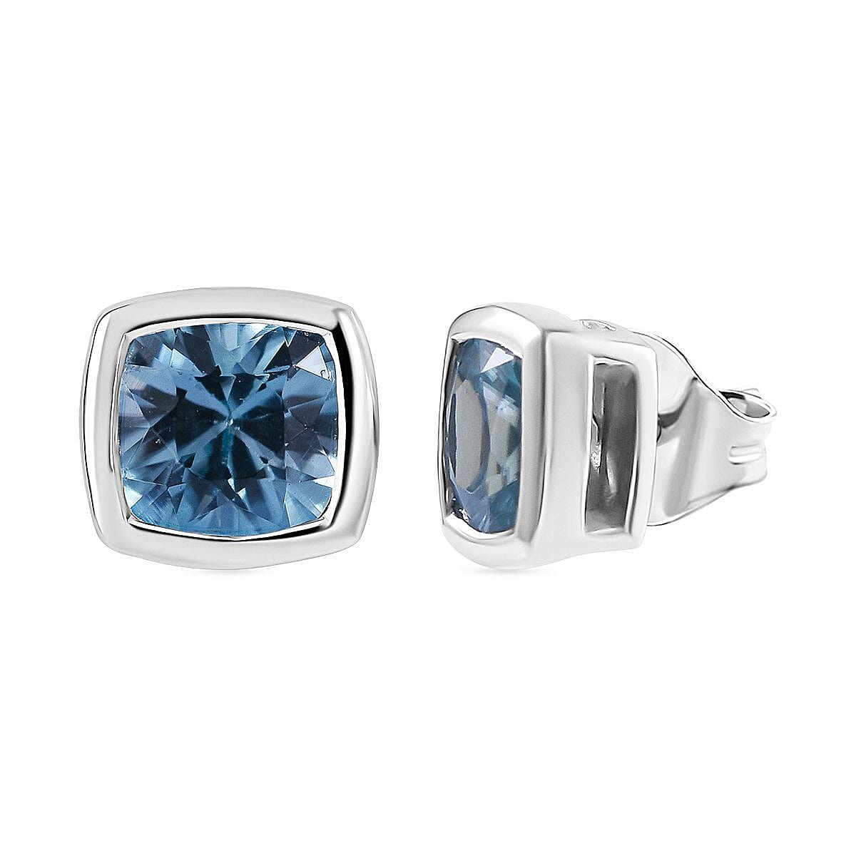 Blue Zircon 1.85 ctw Stud Earrings in Rhodium Over Sterling Silver