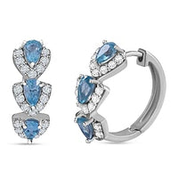 Blue Zircon and White Zircon Hoop Earrings in Rhodium Over Sterling Silver