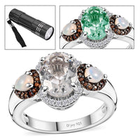 Mexican Hyalite Opal and Multi Gemstone Tri-Halo Ring in Platinum Over Sterling Silver (Size 10.0) 1.85 ctw