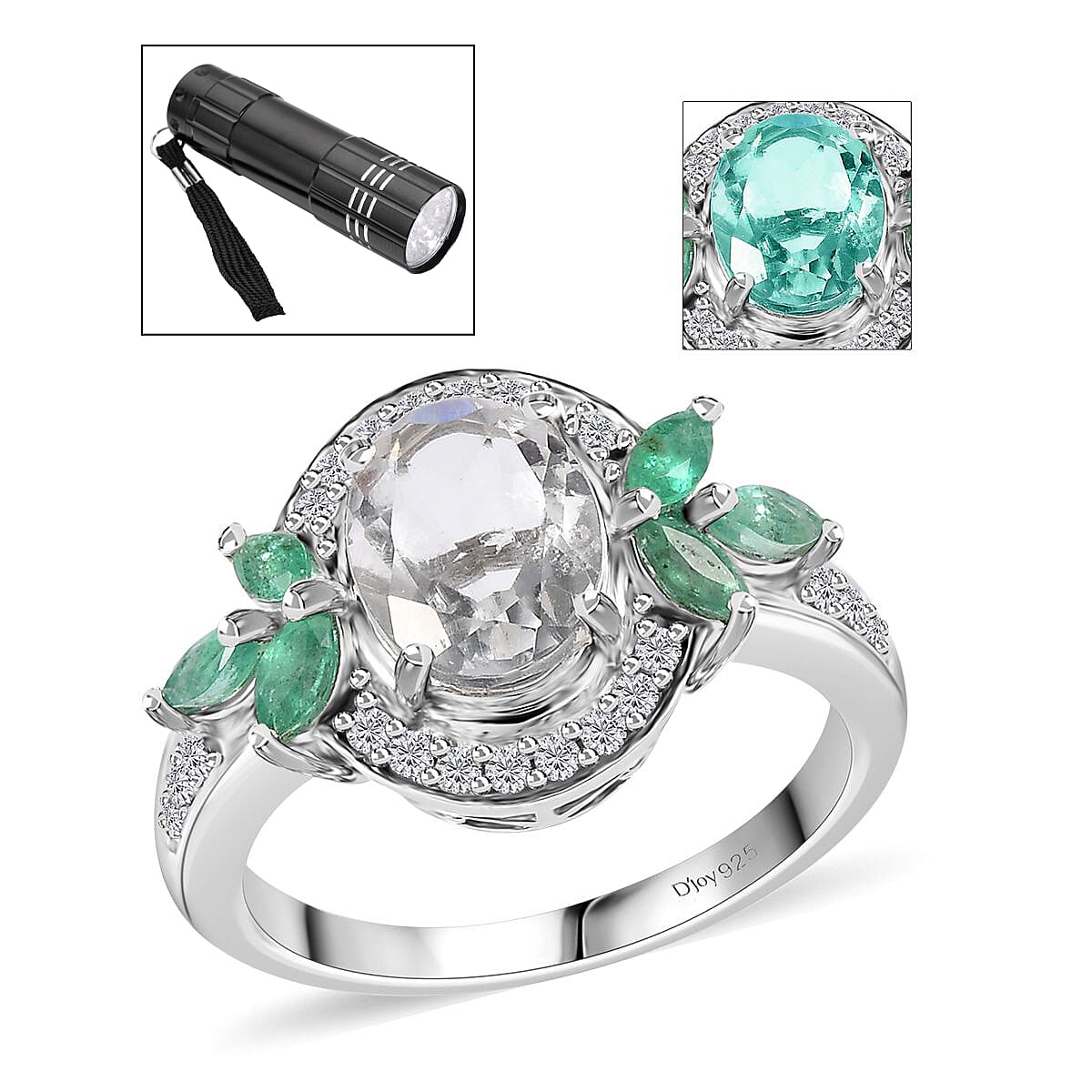 Mexican Hyalite Opal and Multi Gemstone Ring in Platinum Over Sterling Silver (Size 10.0) with Free UV Flash Light 2.20 ctw