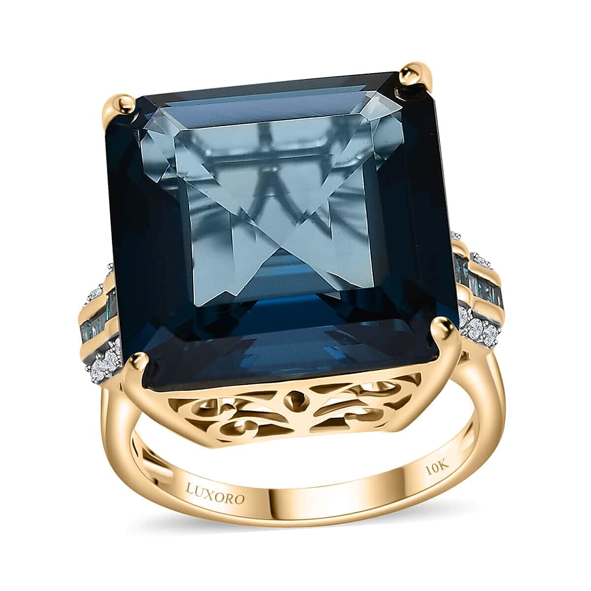 Luxoro 10K Yellow Gold Premium London Blue Topaz, G-H I2 Blue and White Diamond Ring (Size 8.0) 5 Grams 25.30 ctw