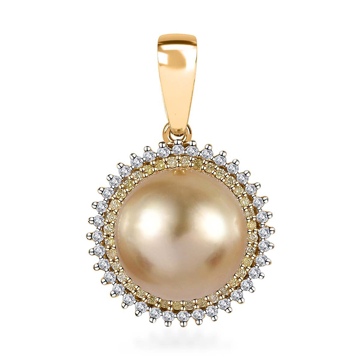Luxoro 14K Yellow Gold South Sea Golden Pearl, I2 Natural Yellow and White Diamond Sunburst Pendant without Chain 0.25 ctw