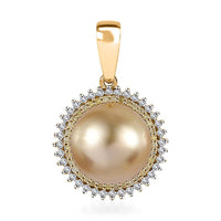 Luxoro 14K Yellow Gold South Sea Golden Pearl, I2 Natural Yellow and White Diamond Sunburst Pendant without Chain 0.25 ctw