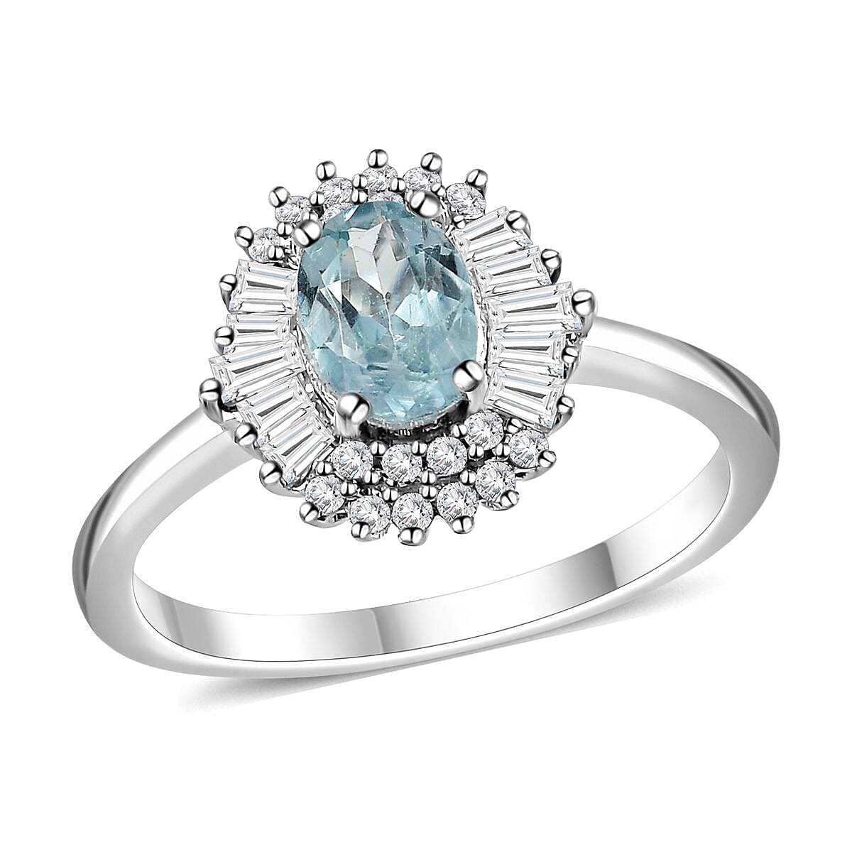 Premium Aqua Kyanite, White Zircon Ring in Platinum Over Sterling Silver (Size 8.0) 1.65 ctw