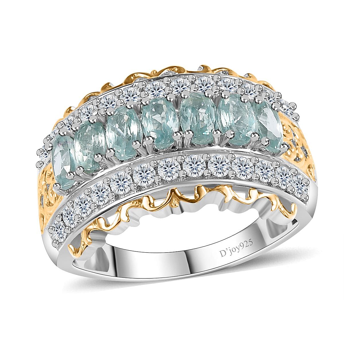 Aqua Kyanite, White Zircon Ring in Vermeil YG and Platinum Over Sterling Silver (Size 10.0) 3.50 ctw