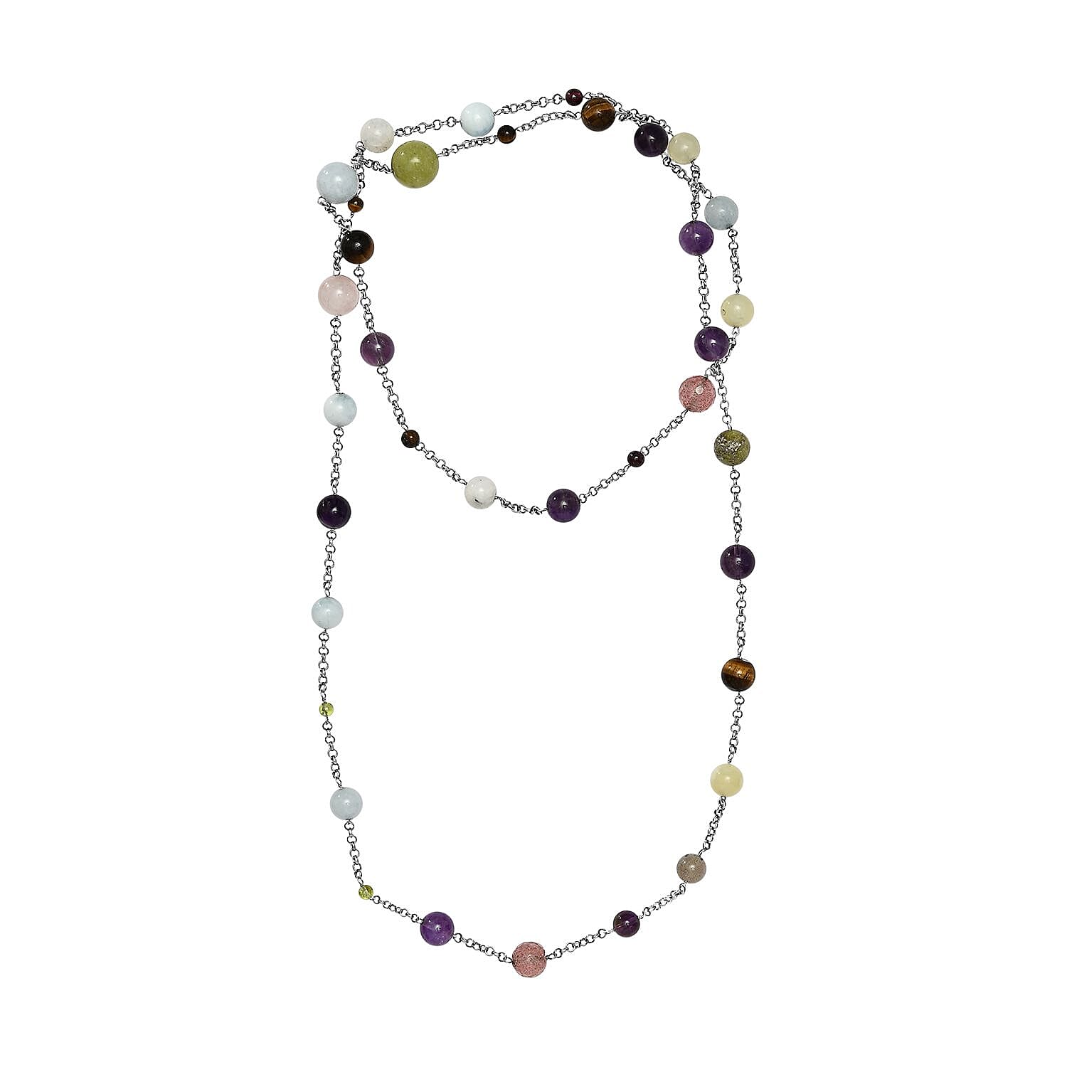 Multi Gemstone 115.00 ctw Station Necklace 36 Inches in Rhodium Over Sterling Silver