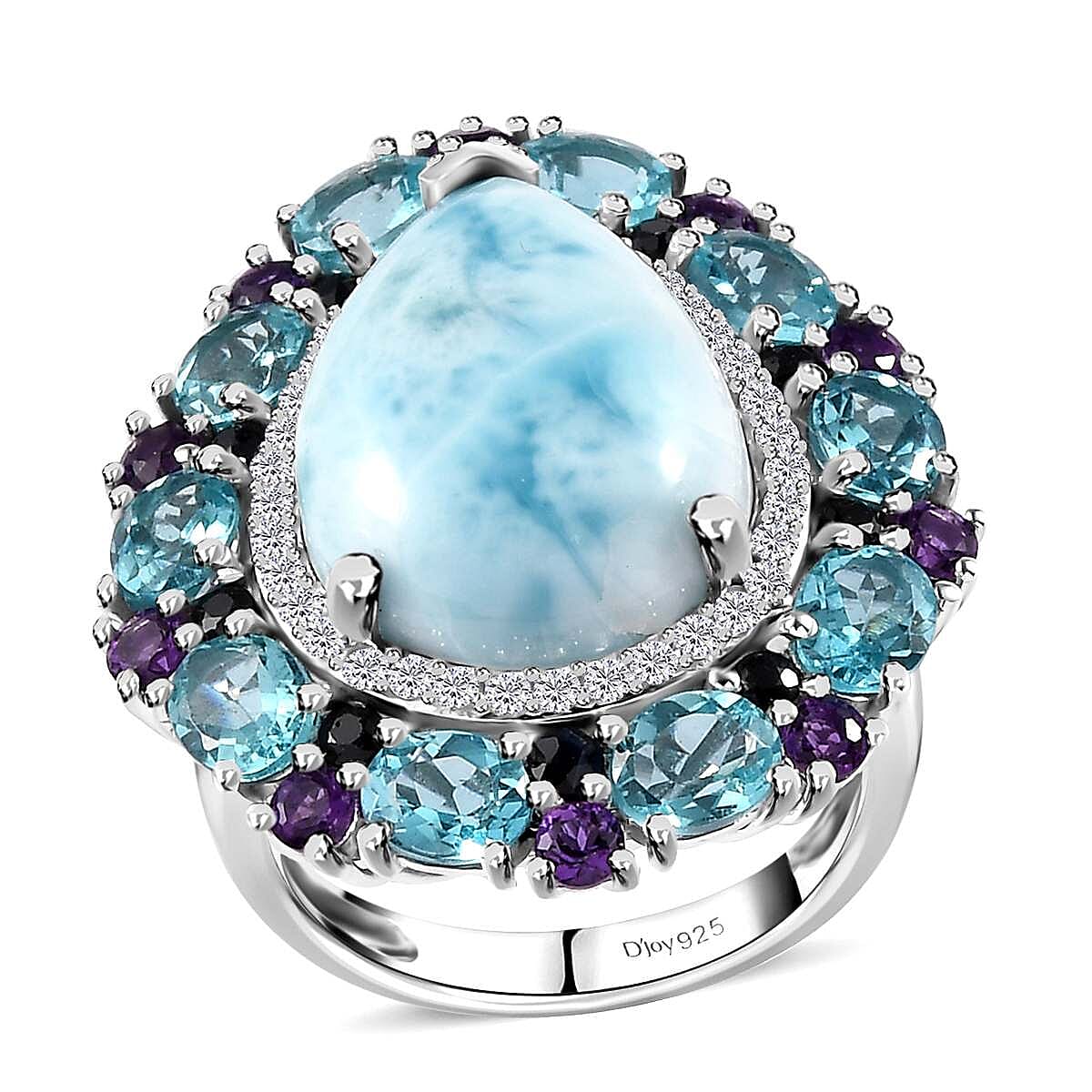 Premium Larimar, Multi Gemstone Cocktail Ring in Platinum Over Sterling Silver (Size 10.0) 17.50 ctw