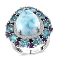 Premium Larimar, Multi Gemstone Cocktail Ring in Platinum Over Sterling Silver (Size 10.0) 17.50 ctw - Sticky add to cart bar