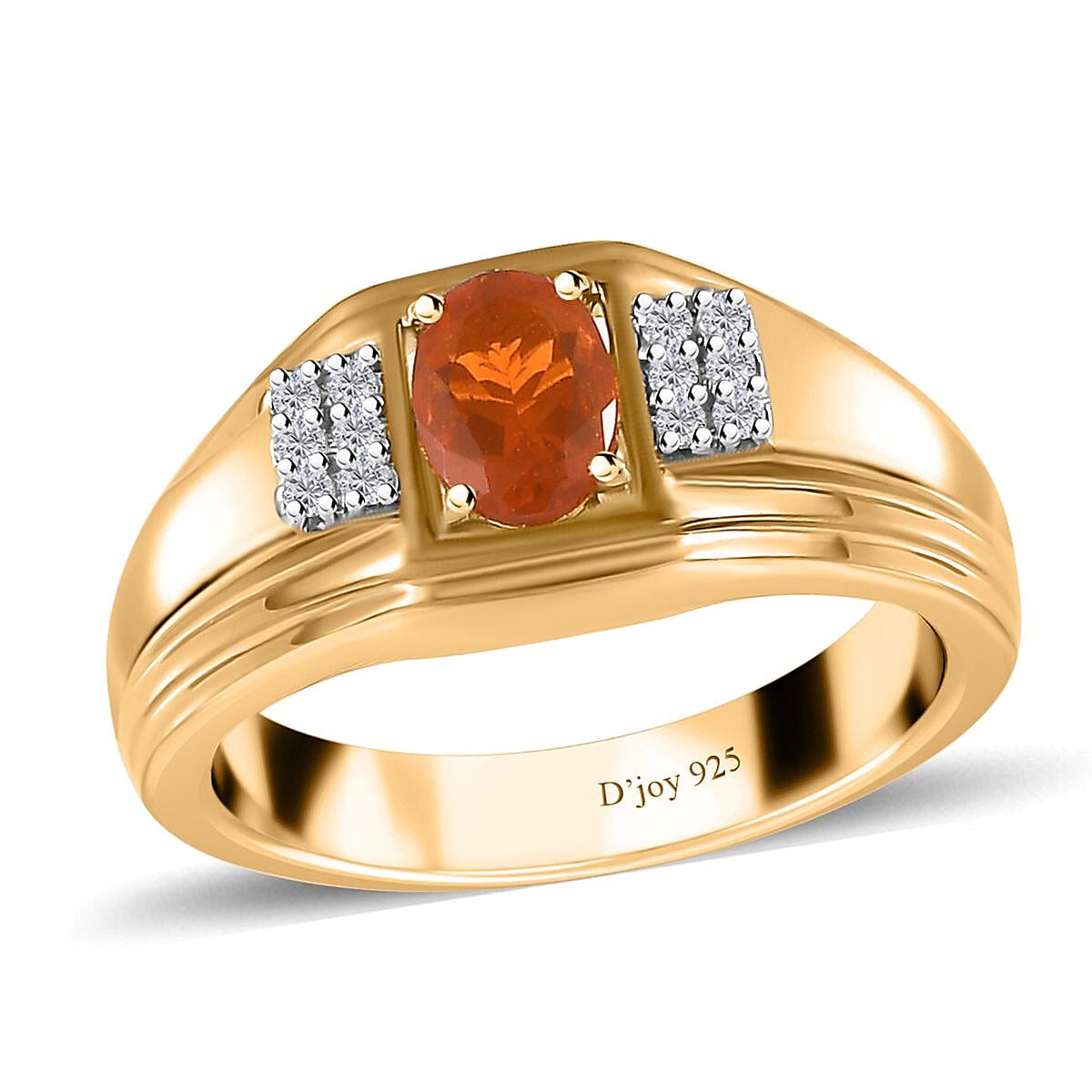 Crimson Fire Opal and White Zircon Men's Ring in Vermeil Yellow Gold Over Sterling Silver (Size 10.0) 0.65 ctw
