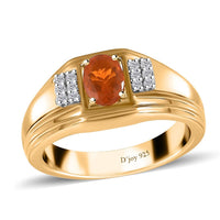 Crimson Fire Opal and White Zircon Men's Ring in Vermeil Yellow Gold Over Sterling Silver (Size 10.0) 0.65 ctw