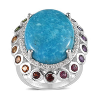 Premium Kingman Turquoise, Multi Gemstone Ring in Rhodium Over Sterling Silver (Size 10.0) 14.65 ctw