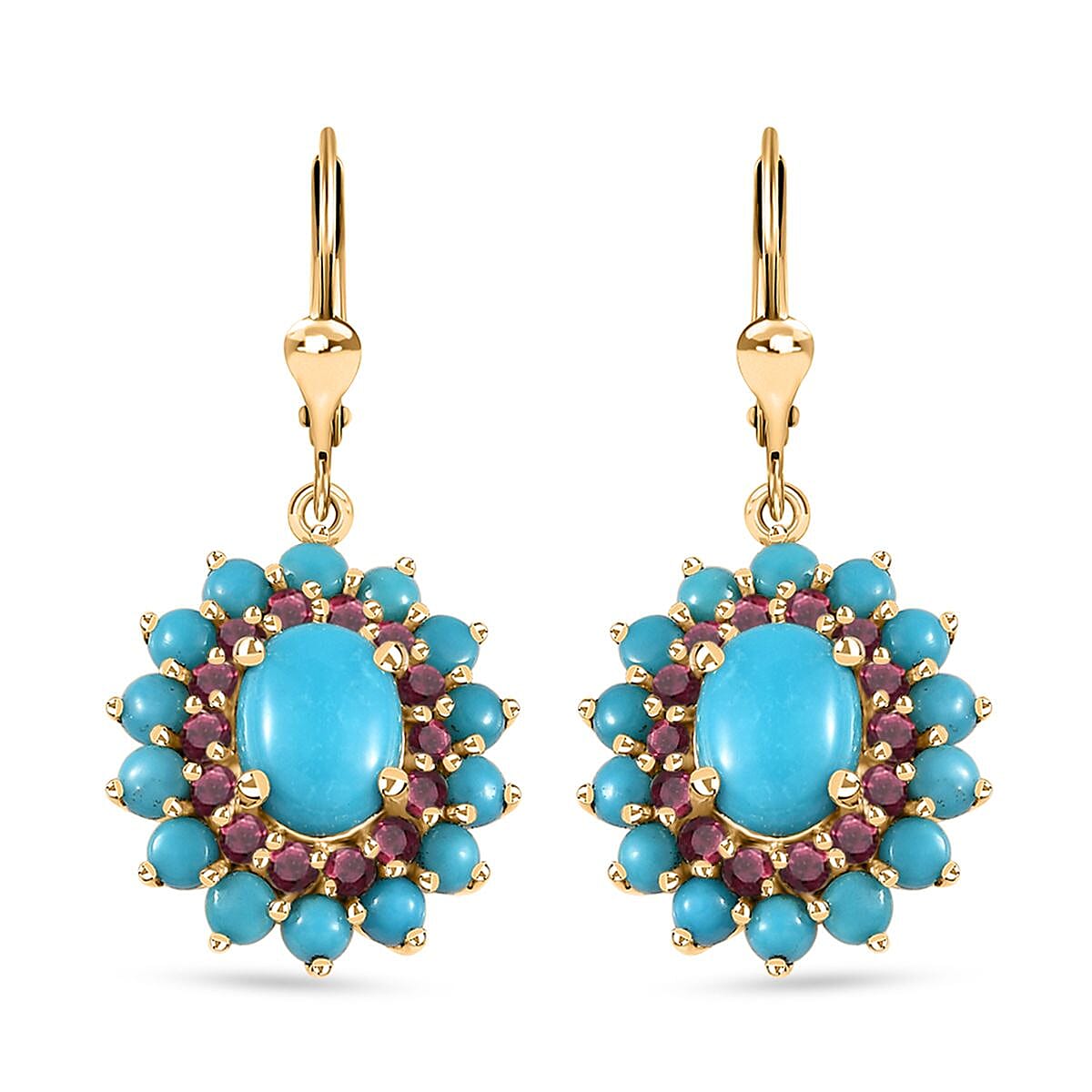 Sleeping Beauty Turquoise, Arizona Anthill Garnet Lever Back Earrings in Vermeil YG Over Sterling Silver 5.00 ctw