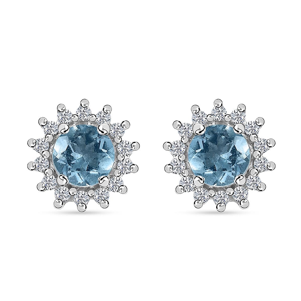 Premium Mangoro Aquamarine and White Zircon 1.15 ctw Sunburst Halo Earrings in Platinum Over Sterling Silver