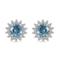 Premium Mangoro Aquamarine and White Zircon 1.15 ctw Sunburst Halo Earrings in Platinum Over Sterling Silver