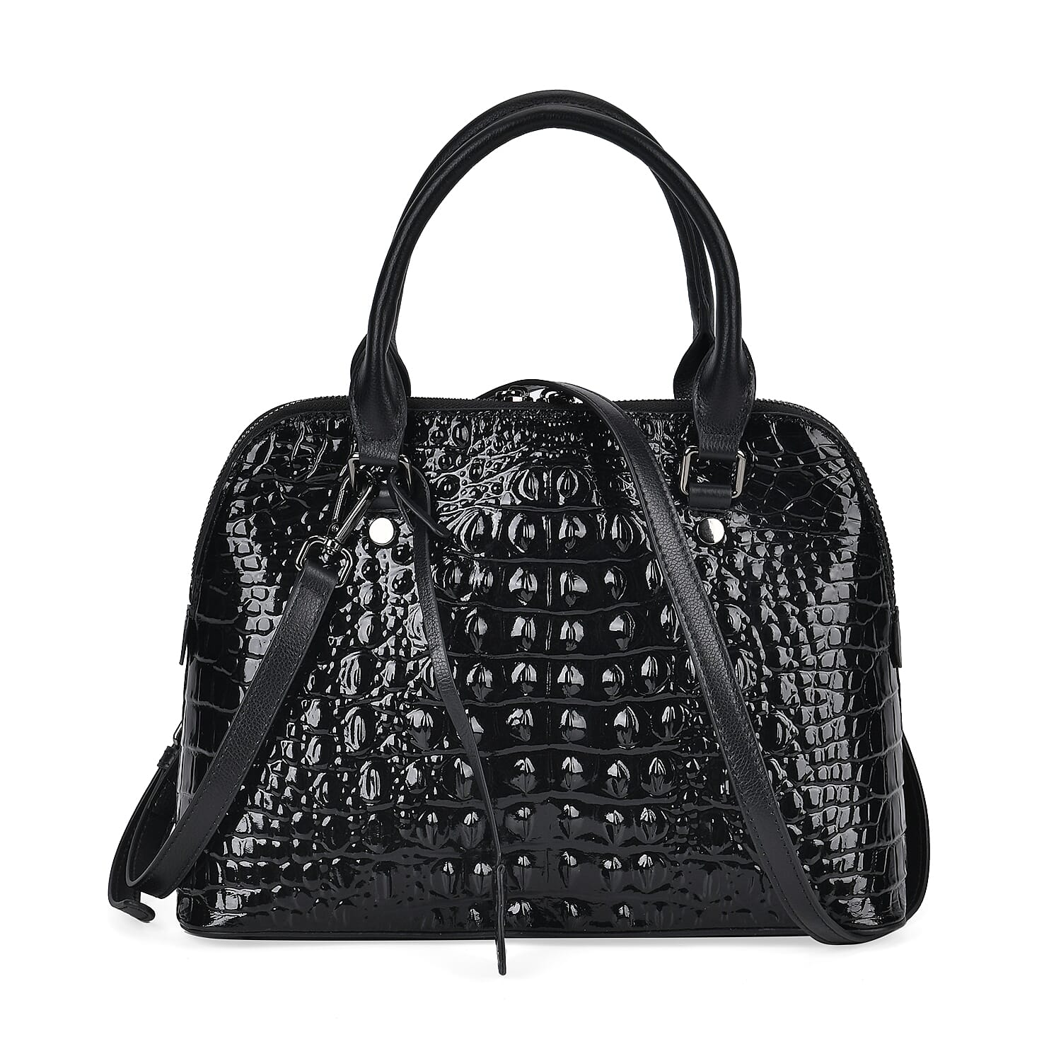 Black Crocodile Embossed Genuine Leather Crossbody Bag (12.2"x5"x8.7") with Handle Drop and Shoulder Strap 57"