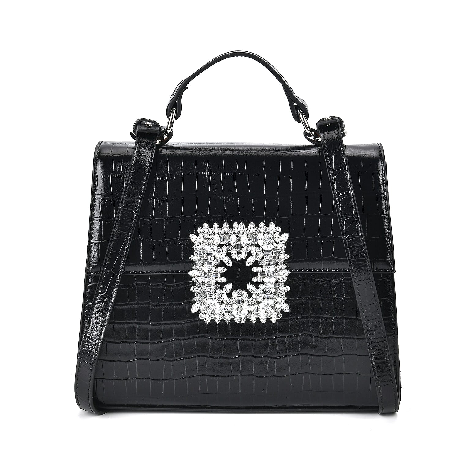 Black Crocodile Embossed Genuine Leather Crossbody Bag (10"x4.72"x8.3") with Handle Drop and Shoulder Strap (57")