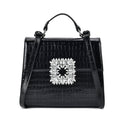Black Crocodile Embossed Genuine Leather Crossbody Bag (10"x4.72"x8.3") with Handle Drop and Shoulder Strap (57") - Sticky add to cart bar