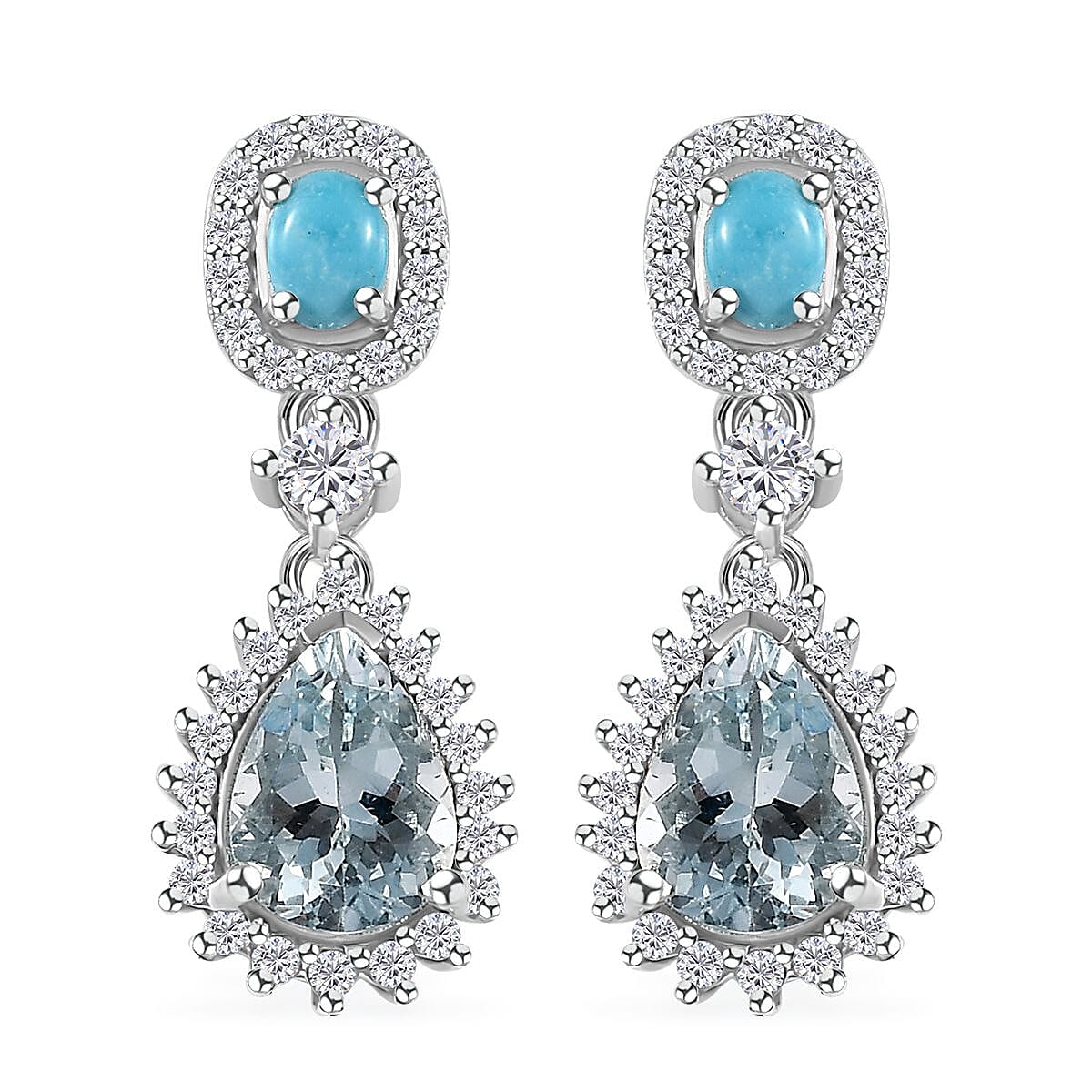 Premium Mangoro Aquamarine and Multi Gemstone Dangling Earrings in Platinum Over Sterling Silver 3.10 ctw