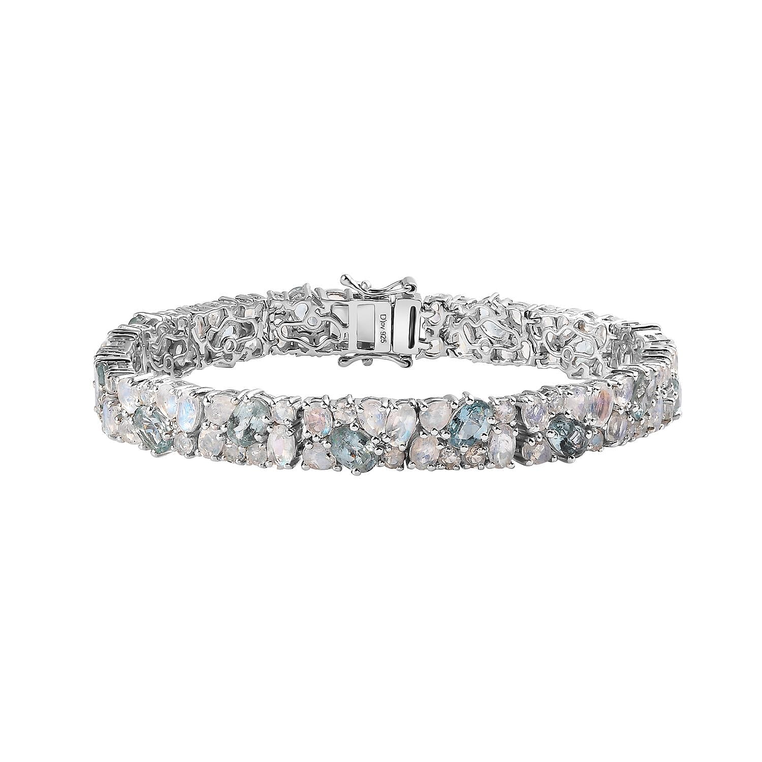 Aqua Kyanite, Rainbow Moonstone Bracelet in Platinum Over Sterling Silver (7.25 In) 19.50 ctw