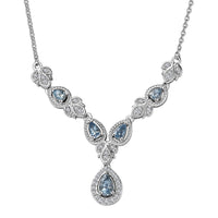 Santa Maria Aquamarine and White Zircon Halo Necklace 18-20 Inches in Platinum Over Sterling Silver 1.35 ctw