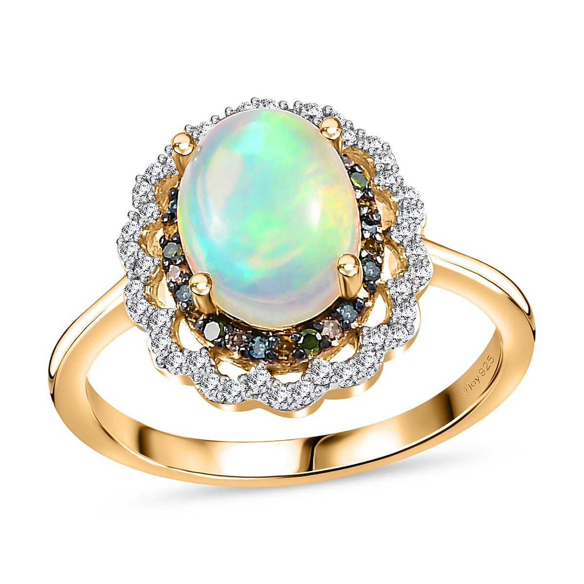 Premium Ethiopian Welo Opal and Multi Diamond Floral Ring in Vermeil Yellow Gold Over Sterling Silver (Size 10.0) 1.40 ctw