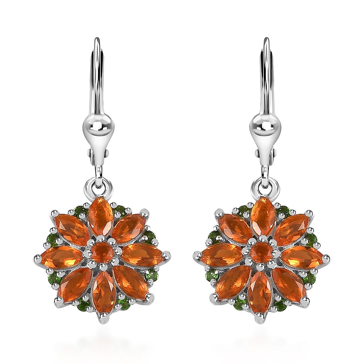 Crimson Fire Opal and Chrome Diopside Lever Back Earrings in Platinum Over Sterling Silver 2.00 ctw