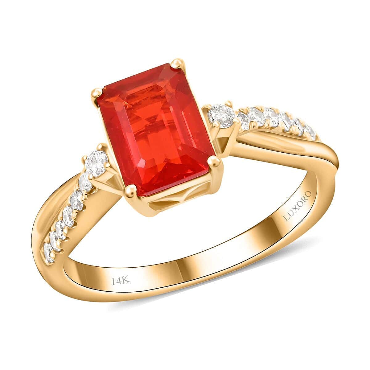 Certified & Appraised Luxoro 14K YG AAA Mexican Cherry Fire Opal and I2 Diamond Ring 1.40 ctw