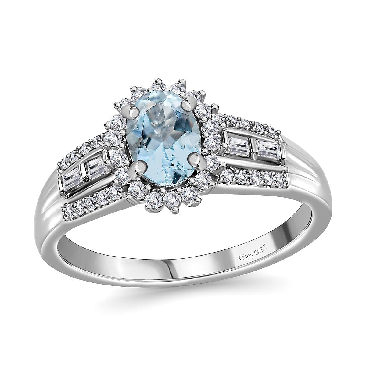 Premium Mangoro Aquamarine and White Zircon Halo Ring in Platinum Over Sterling Silver (Size 10.0) 1.15 ctw