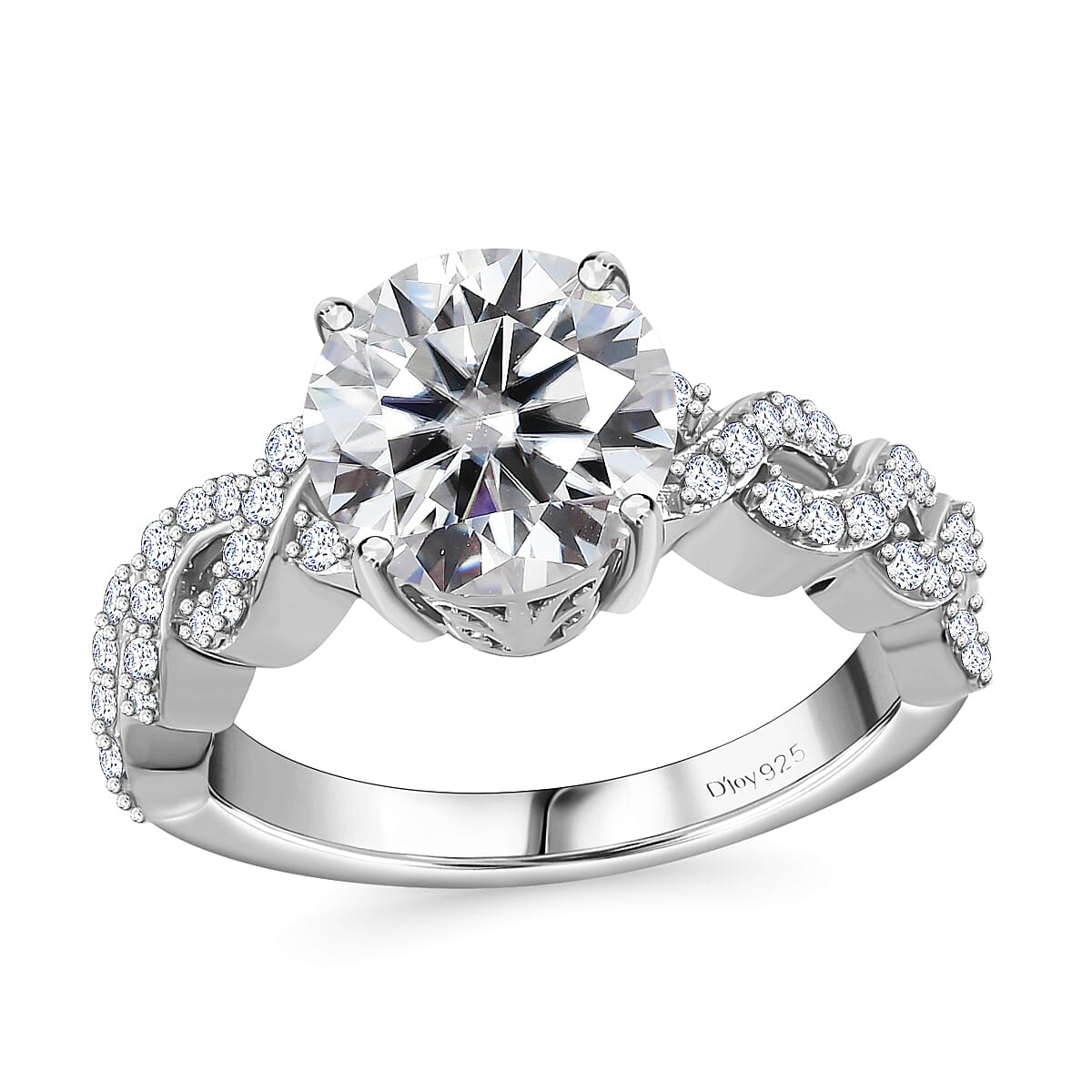 Moissanite (Rnd 9mm) Ring in Platinum Over Sterling Silver (Size 10.0) 3.00 ctw
