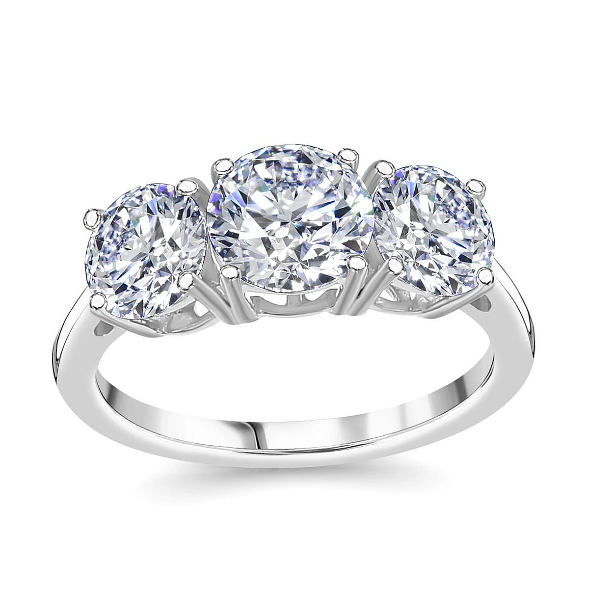 One Time Only Moissanite (Rnd 7mm) 3 Stone Ring in Platinum Over Sterling Silver (Size 10.0) 2.85 ctw