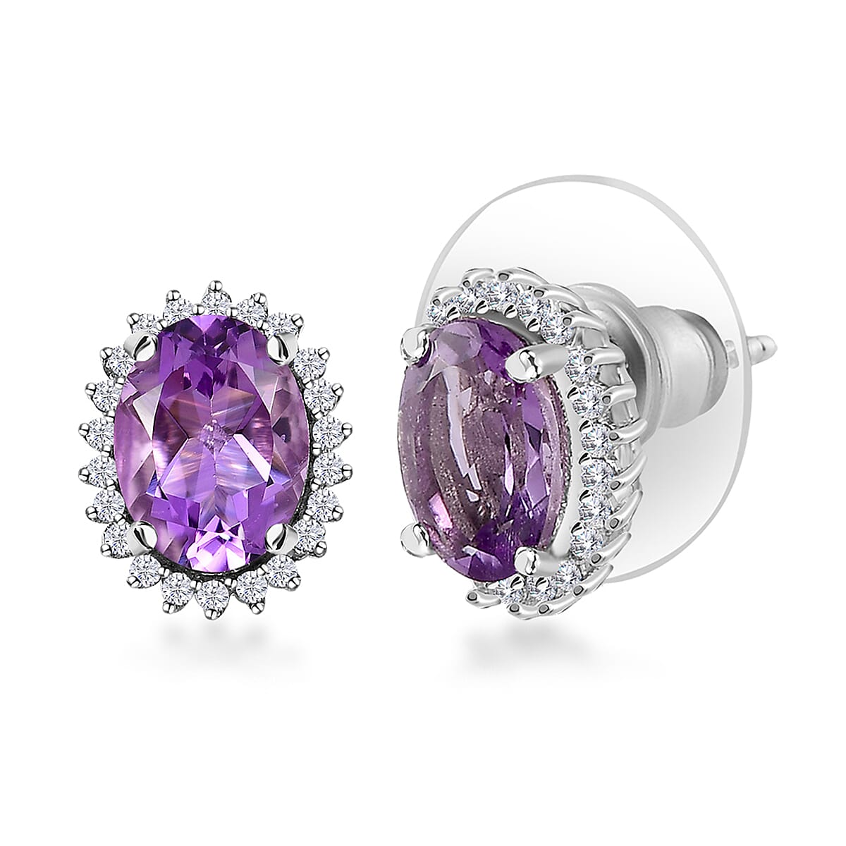 Premium Rose De France Amethyst and White Zircon Halo Stud Earrings in Platinum Over Sterling Silver 2.60 ctw