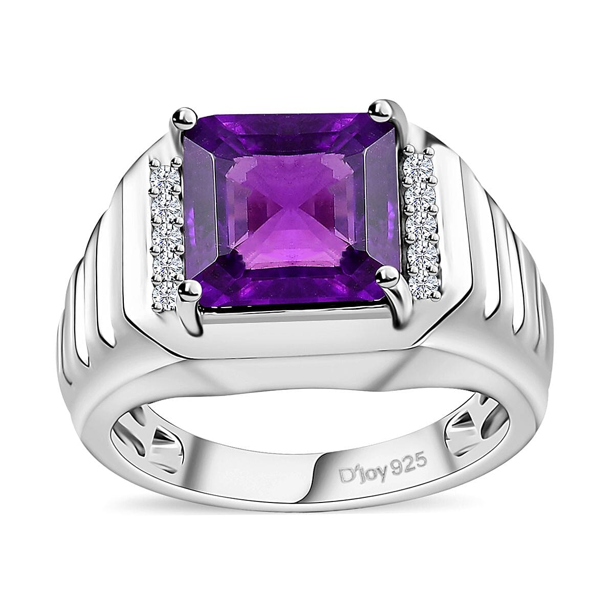 African Amethyst, White Zircon Men's Ring in Platinum Over Sterling Silver (Size 10.0) 5.50 ctw