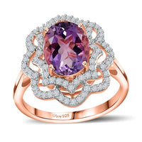 Premium Rose De France Amethyst (Ovl), White Zircon Ring in Vermeil RG Over Sterling Silver (Size 10.0) 3.10 ctw