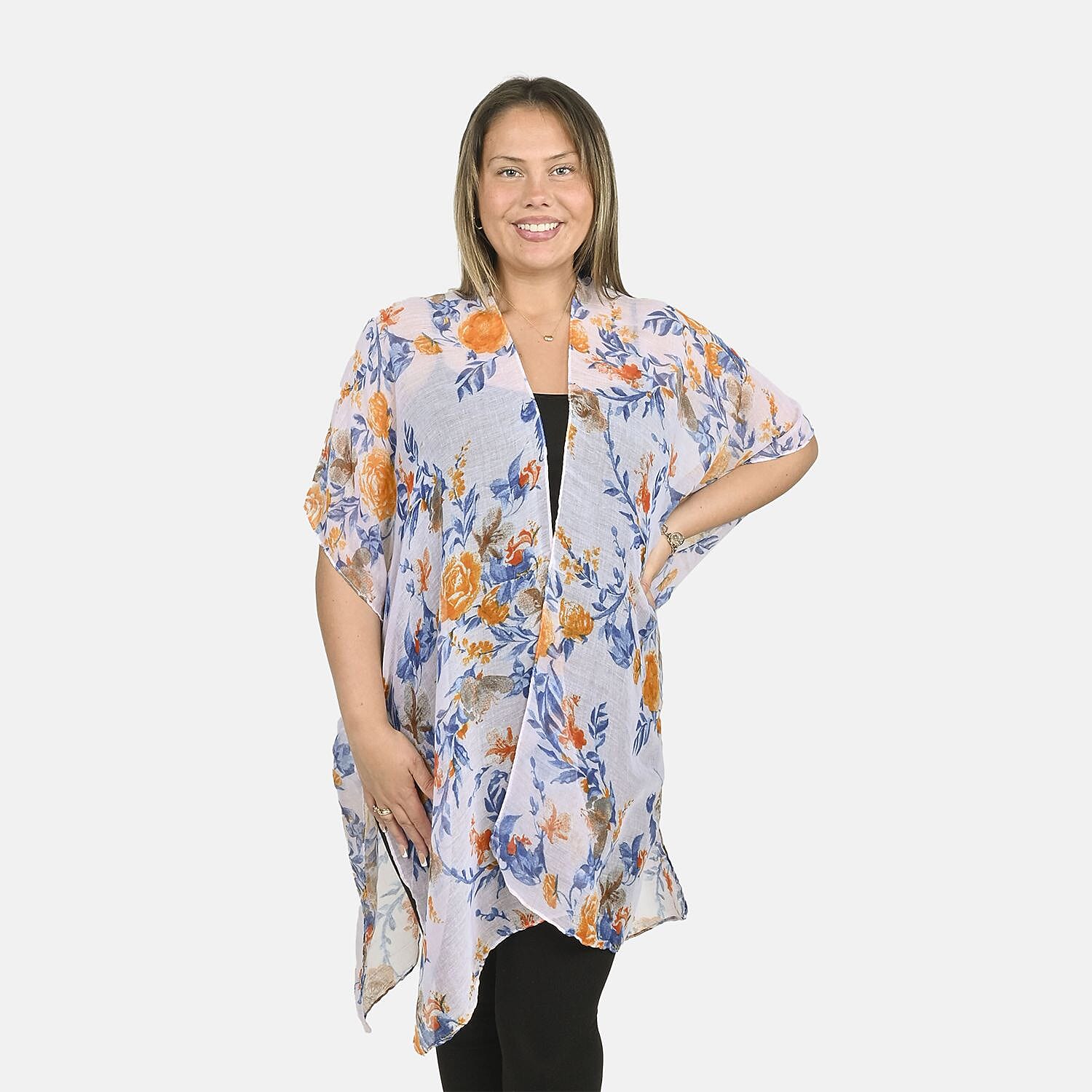 Tamsy White Floral Pattern Kimono - One Size Fits Most